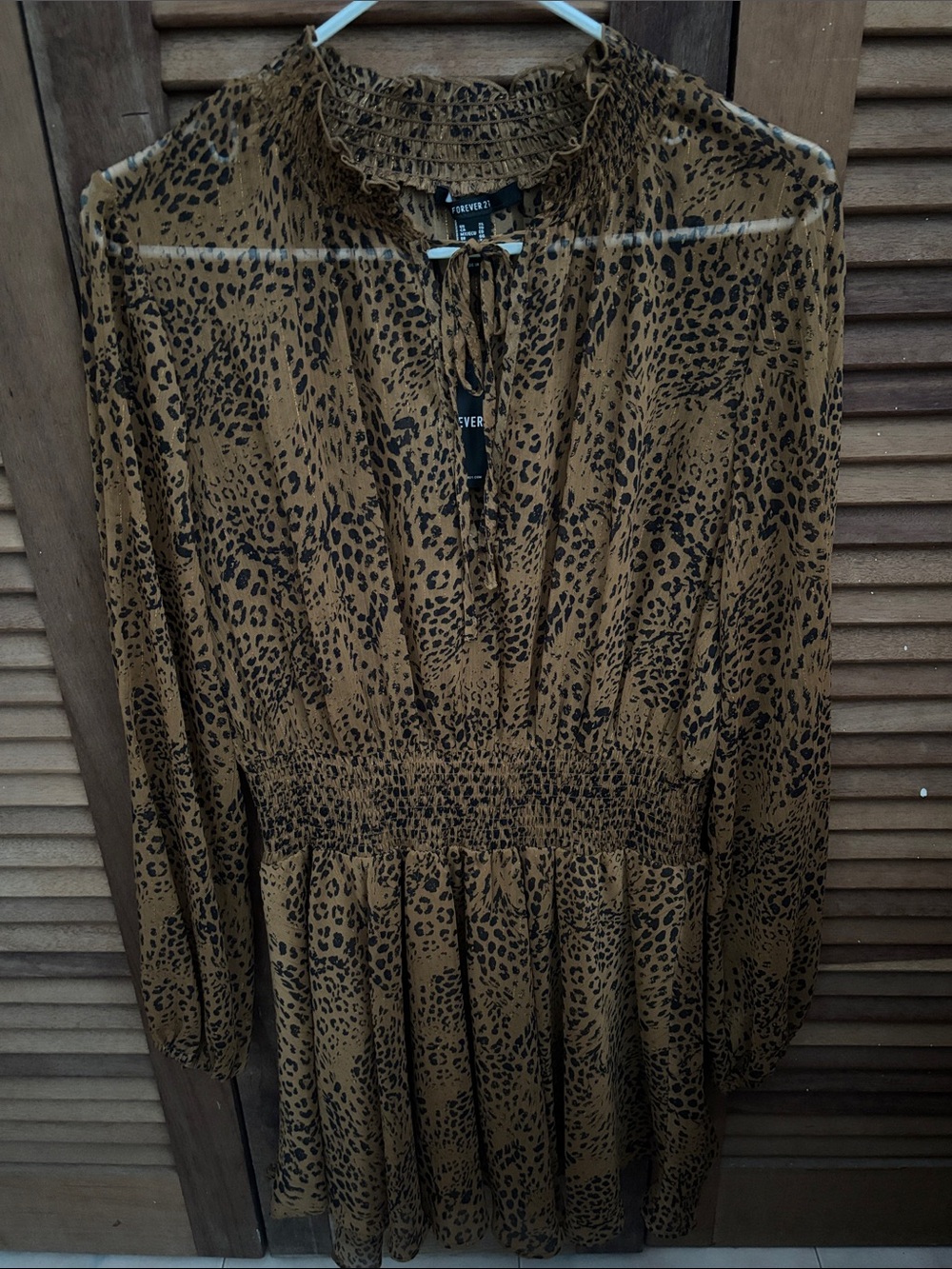 Leopard Print Long-Sleeve Smocked Dress